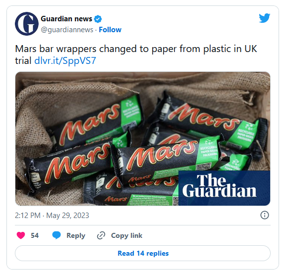 Mars bar wrappers changed to paper from plastic in UK trial